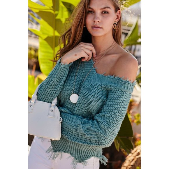 Main Strip Frayed V-Neck Sweater, Mineral Blue - Picture 5 of 7